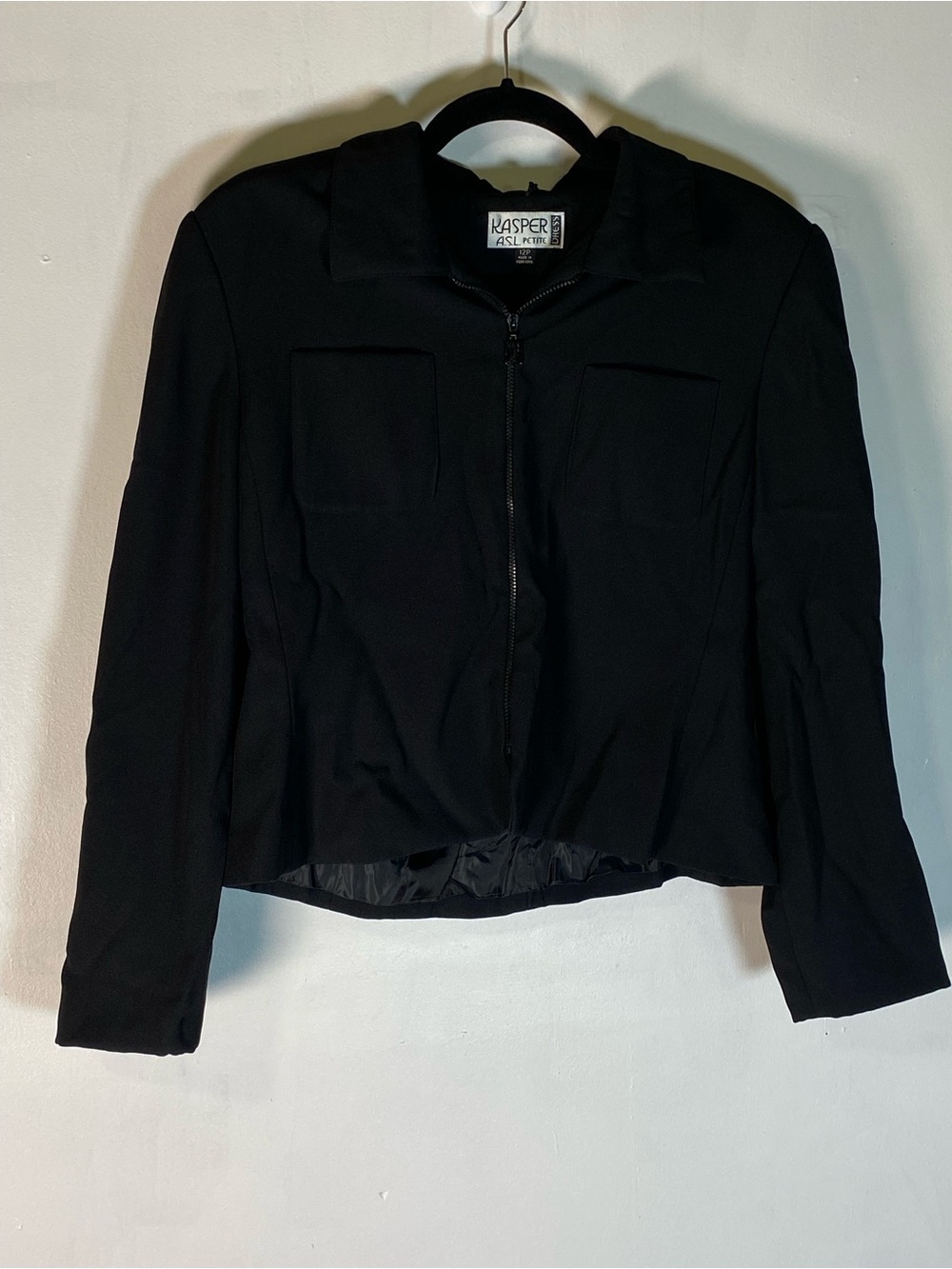 Vintage 90s Kasper Black Cropped Zip Blazer Shoulder Pad Petite 12P Officecore